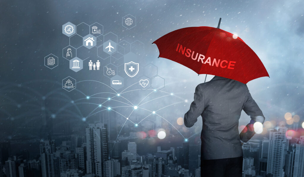 graphic with a man holding an umbrella that says insurance on it